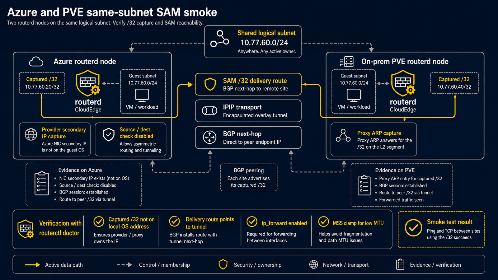 Azure provider-secondary-IP 捕获、on-prem proxy-ARP 捕获、SAM /32 交付路由、转发检查、routerctl doctor 验证的流程